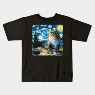 Domestic Long Hair Starry Night Inspired - Artistic Cat Kids T-Shirt